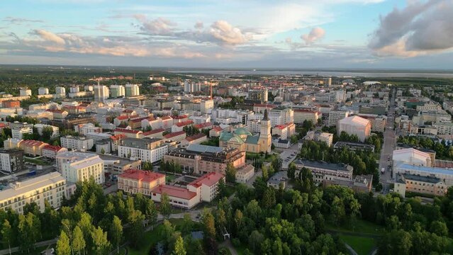 Oulu river and Oulu city in summer, Finland 