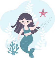 little mermaid cartoon vector illustration, children greeting and invitation cards.