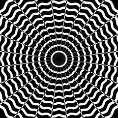 Abstract black and white checkered background. Circular geometric pattern with visual distortion effect. Optical Illusion. Op art.