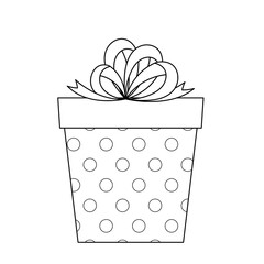 Polka dots gift with bow coloring page. Black and white present. Vector