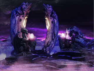 Purple shrine on a lake with dragon statues. 3D render.