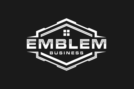 Renovation house service logo design emblem style hexagon shape icon symbol property