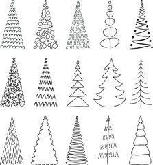 Christmas tree black and white set. Fir tree line drawing, vector icon. Holiday design elements isolated on white. Simple shape concept. For winter season cards, New year party posters and banners