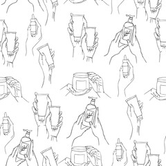 Seamless pattern in line art style with the image of hands holding tubes and cans. The minimalistic design of the pattern is perfect for packaging design, packaging paper, and test