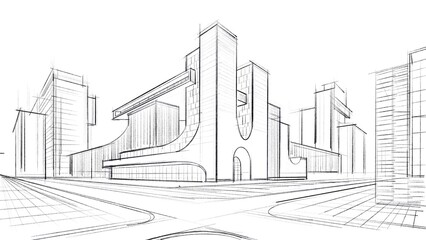 Architectural abstract sketch of a complex of buildings. 