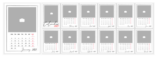 Wall Monthly Photo Calendar 2023. Simple monthly vertical photo calendar Layout for 2023 year in English. Cover Calendar, 12 monthes templates. Week starts from Monday. Vector illustration