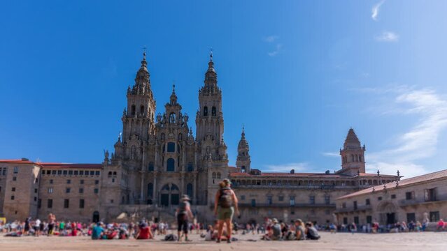 Time-lapse of Santiago cathedral and obradoiro plaza with tourists
