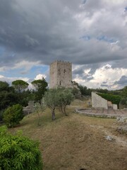 Vertical of the Cicerone Tower in Italy under a cloudy sky, - obrazy, fototapety, plakaty