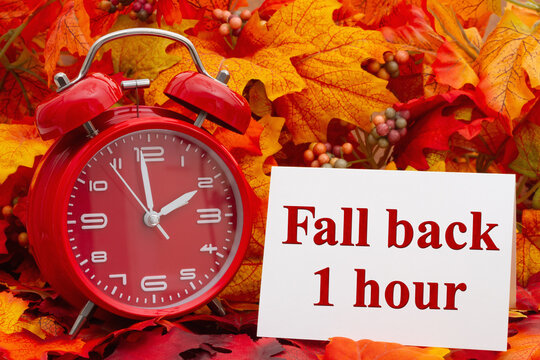Fall back 1 hour card with fall leaves
