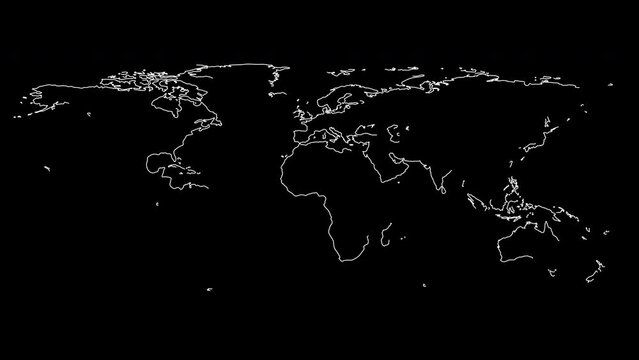 2D animation of the outline world map isolated on a black background. Flat design. Good for educational, or business films, modern explainers, or infographic