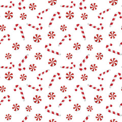 Festive Christmas wallpaper with candy canes and round swirl candy. Vector background for printing, winter holidays, greeting cards, fabric, textiles, and wrapping paper. Isolated on white background.