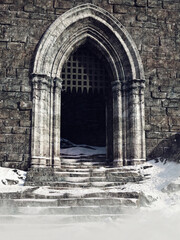 Gate with iron bars and stairs to a castle in winter. 3D render.