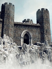 Castle towers and entrance in a winter landscape. 3D render.