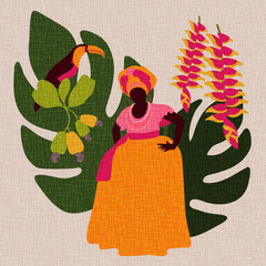 Tropical vector illustration of a baiana, toucan, cashews, large leaf, and false bird of paradise plants on beige texture background.
