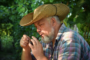 Senior adult man with white beard smoking tobacco pipe outdoors. Countryman wearing straw hat. Male villager looking thoughtfully at garden. Contemplation, relaxing