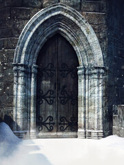 Gothic door to a castle with snow in front of it. 3D render.