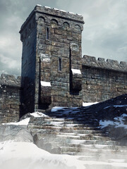 Tower of a medieval castle in a winter landscape. 3D render.