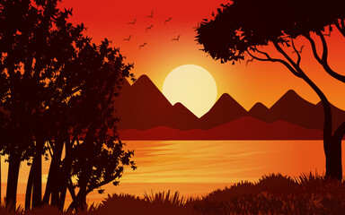 Sunset scene lake. Glowing forest sky with river and sky landscape background