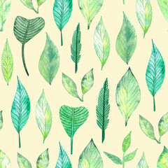 Fototapeta na wymiar Watercolor seamless pattern of green leaves. Botanical print, digital paper, greenery, illustration