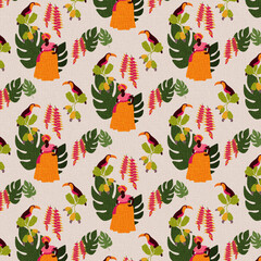 Tropical seamless pattern with baianas, toucans, leaves, and false bird of paradise plants - obrazy, fototapety, plakaty