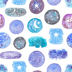 Watercolor star seamless pattern. Doodle illustration of stars, blue spots. Celestial print for fabric, packaging, digital paper