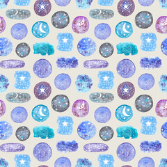 Watercolor star seamless pattern. Doodle illustration of stars, blue spots. Celestial print for fabric, packaging, digital paper