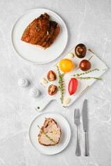 Overhead view of pork neck baked in oven