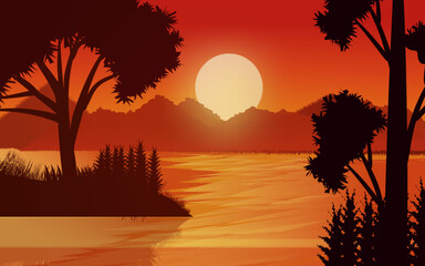 Sunset scene lake. Glowing forest sky with river and sky landscape background