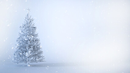 White Christmas tree with snow on a white background with copy space.