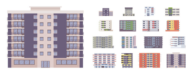 Modern city tower block building set. High rise new and glassy tall apartment buildings, multi-storey public housing project, social complex urban residence development. Vector flat style illustration
