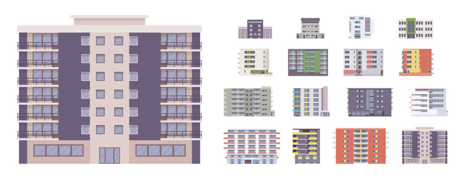 Modern city tower block building set. High rise new and glassy tall apartment buildings, multi-storey public housing project, social complex urban residence development. Vector flat style illustration