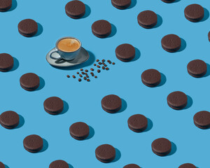 Espresso coffee and choko pie pattern on the blue background