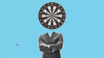 Target, goal, gambling. Contemporary art collage. 2K stop motion. Inspiration, idea, trendy urban magazine style. Man in business suit with darts board instead head
