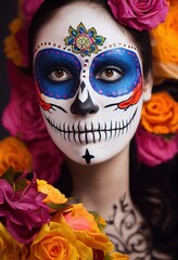 El Día de Muertos. Photorealistic illustrated portrait of beautiful latin woman with colorful make-up for Day of the Dead. Ai generated