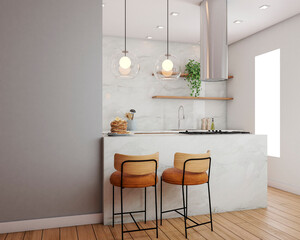 Full kitchen with marbles, stools, appliances and decorations. 3d rendering