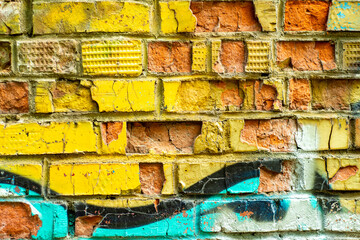 Background with part of a painted brick wall. Abstract bright template for a cover on an informal and youth theme.