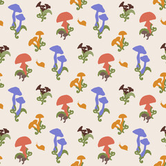 Seamless colorful vector pattern with mushrooms, snails, and leaves
