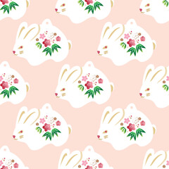 Awesome  seamless pattern with cute rabbits, flowers, Daruma  Happy japanese  new  year, 20023 - year of the Rabbit. Vector  hand drawn  illustration.