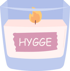 Hygge burning aroma candle in a glass jar. Aromatherapy, relaxation design element. Flat vector illustration isolated on white background.