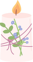 Hygge burning aroma candle. Aromatherapy, relaxation design element. Flat vector illustration isolated on white background.