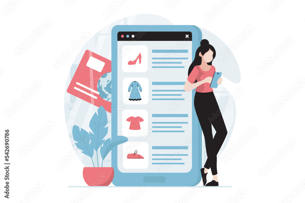 Aufkleber Mobile commerce concept with people scene in flat design. Woman choosing goods in assortment of internet shop and making online purchases in app. Vector illustration with character situation for web