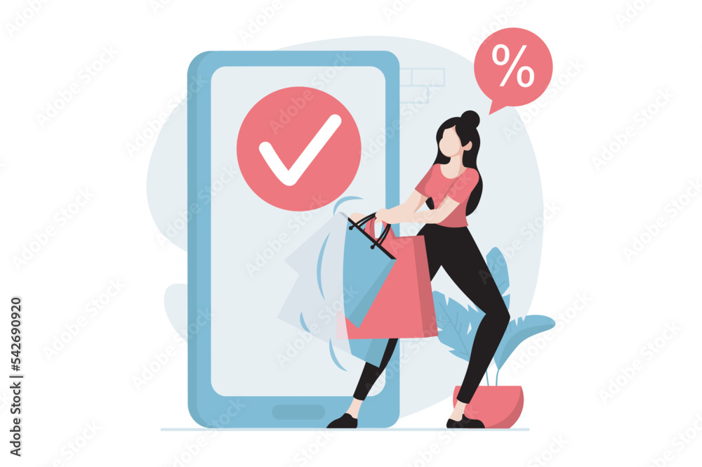 Aufkleber mobile commerce concept with people scene in flat design. woman making online shopping and buying wi
