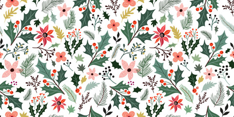 Botanical Christmas seamless pattern, wallpaper, winter design with holly leaves, poinsettia, pine tree, seasonal plants 