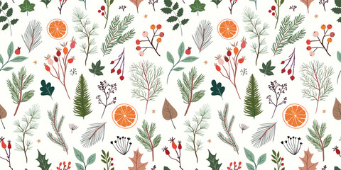 Christmas seamless pattern, winter wallpaper, background, seasonal plants