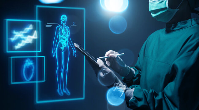 Doctor Specialist Surgeon Using Computer Tablet Pad Human Body Anatomy Display Screen Technology Artificial Intelligence Assistance AI, Operation Simulation Augmented Reality Medical Healthcare Tech