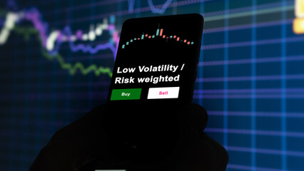 An investor's analyzing the Low Volatility / Risk weighted etf fund on screen. A phone shows the ETF's prices low volatility risk weighted to invest