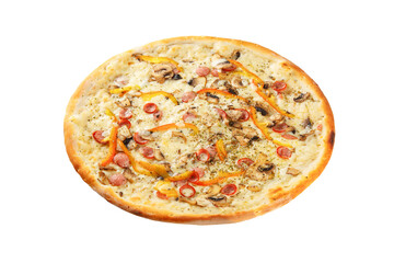 Delicious classic italian pizza with Mozzarella, paprika, pepperoni sausage and mushrooms