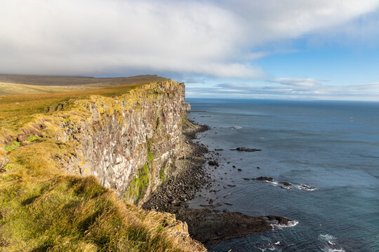 Latrabjarg is popular scenic destination in Westfjords Iceland with natual cliffs, home to million of birds including puffins