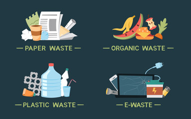 Different types of garbage. Cartoon style vector illustration