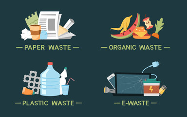 Different types of garbage. Cartoon style vector illustration